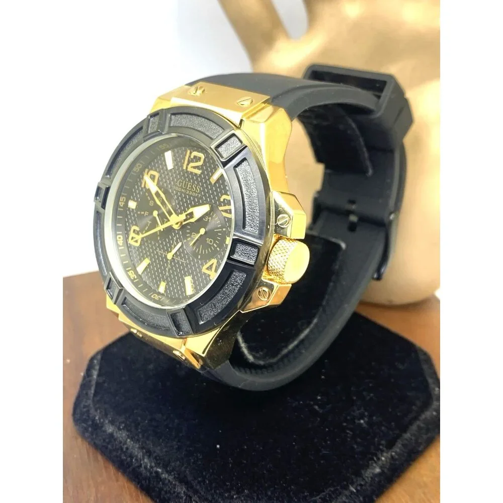 Guess Men's Watch U0247G6 Quartz Black Dial Gold Steel Rubber Strap 45mm